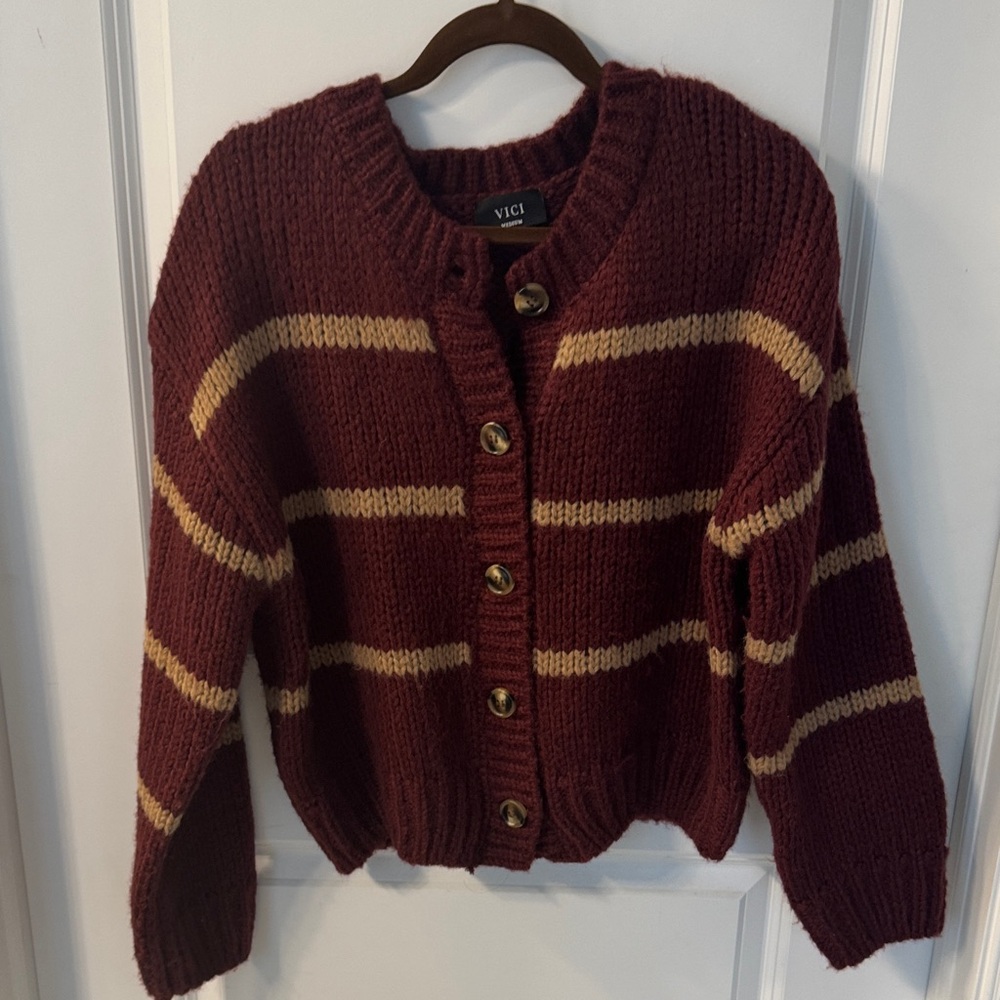 Vici Maroon and Tan Button-Up Cardigan